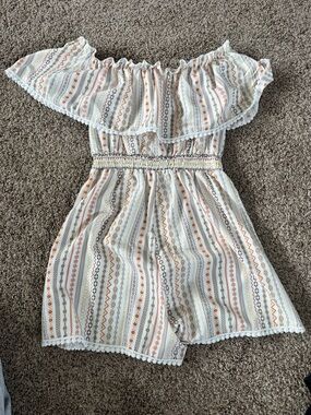 Girls White Striped Off-Shoulder Romper with Orange Accents